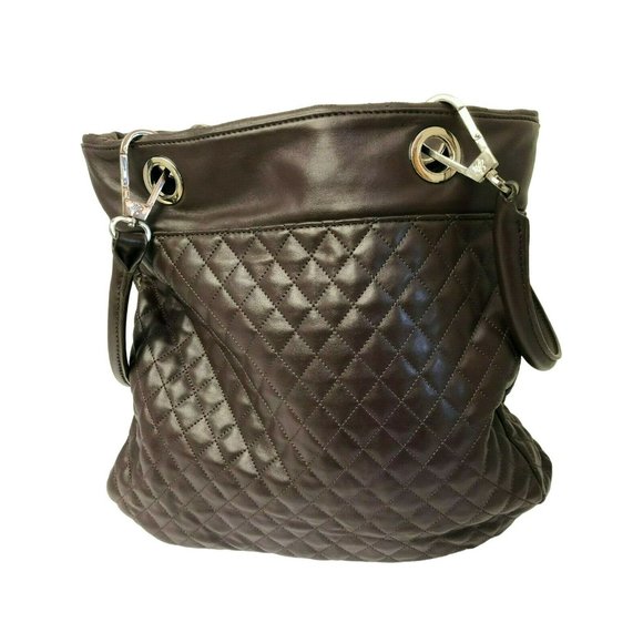 Joes Mangano Womens Hand Bag Reversable Purse Tote Gold Brown Adjustable Plast - Picture 2 of 10